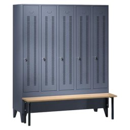 Wolf Vestiaire avec banc frontal, portes en tôle perforée, largeur compartiments 300 mm, 5 compartiments, gris bleu