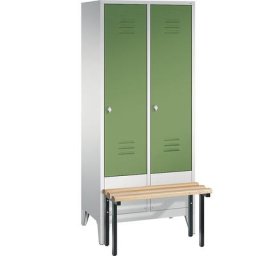 C+P Vestiaire CLASSIC avec banc frontal, 2 compartiments, largeur compartiments 400 mm, gris clair / vert réséda