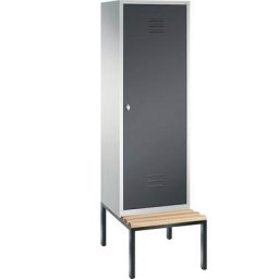 C+P Penderie CLASSIC avec banc inférieur, porte au-dessus de 2 compartiments, 2 compartiments, largeur compartiments 300 mm, gris clair / gris noir