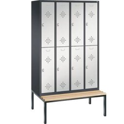 C+P Penderie CLASSIC avec banc inférieur, à deux étages, 4 compartiments, 2 casiers chacun, largeur compartiments 300 mm, gris noir / gris clair