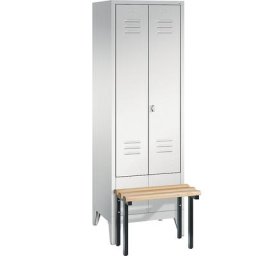 C+P Penderie CLASSIC avec banc frontal et portes fermant l'une contre l'autre, 2 compartiments, largeur compartiments 300 mm, gris clair