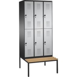 C+P Penderie EVOLO à deux étages, avec banc, 3 compartiments, 2 casiers chacun, largeur compartiments 300 mm, gris noir / aluminium
