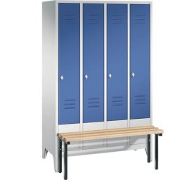 C+P Vestiaire CLASSIC avec banc frontal, 4 compartiments, largeur compartiments 300 mm, gris clair / bleu gentiane