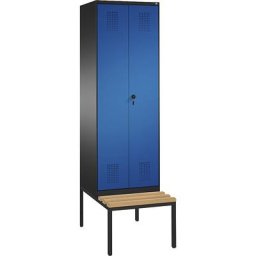 C+P Penderie EVOLO à portes fermant l'une contre l'autre, avec banc, 2 compartiments, largeur compartiments 300 mm, gris noir / bleu gentiane