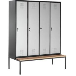 C+P Penderie EVOLO, avec banc monté en dessous, 4 compartiments largeur 400 mm, gris noir / aluminium