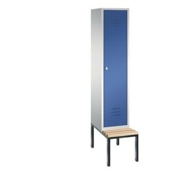 C+P Vestiaire CLASSIC avec banc monté en dessous, 1 compartiment, largeur compartiment 400 mm, gris clair / bleu gentiane