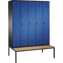 C+P Penderie EVOLO avec banc, 5 compartiments, largeur compartiments 300 mm, gris noir / bleu gentiane