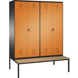 C+P Penderie EVOLO à portes fermant l'une contre l'autre, avec banc, 4 compartiments, largeur compartiments 400 mm, gris noir / orange jaune