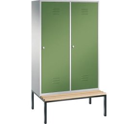 C+P Penderie CLASSIC avec banc inférieur, porte au-dessus de 2 compartiments, 4 compartiments, largeur compartiments 300 mm, gris clair / vert réséda