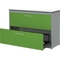 mauser Classeur pour dossiers suspendus, plateau en plastique, 2 tiroirs, 3 rangées, fermeture amortie, aluminium / vert jaune / blanc