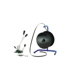 Kit de cerclage, feuillard en polypropylène, tendeur-sertisseur, dérouleur de bobine portable, feuillard, chapes, largeur feuillard 16 mm
