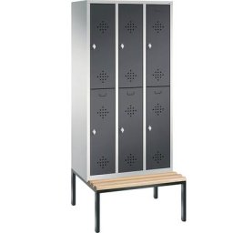 C+P Penderie CLASSIC avec banc inférieur, à deux étages, 3 compartiments, 2 casiers chacun, largeur compartiments 300 mm, gris clair / gris noir