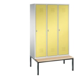 C+P Vestiaire CLASSIC avec banc monté en dessous, 3 compartiments, largeur compartiments 400 mm, gris clair / jaune soufre