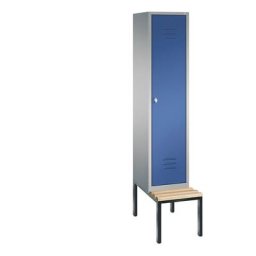 C+P Vestiaire CLASSIC avec banc monté en dessous, 1 compartiment, largeur compartiment 400 mm, aluminium / bleu gentiane