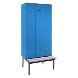 Wolf Vestiaire avec banc monté en dessous, portes à parois pleines, largeur compartiments 300 mm, 3 compartiments, bleu clair
