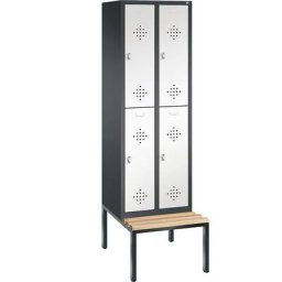 C+P Penderie CLASSIC avec banc inférieur, à deux étages, 2 compartiments, 2 casiers chacun, largeur compartiments 300 mm, gris noir / blanc trafic