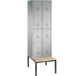 C+P Penderie CLASSIC avec banc inférieur, à deux étages, 2 compartiments, 2 casiers chacun, largeur compartiments 300 mm, aluminium