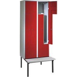 Wolf Penderie à portes en Z avec banc, h x l x p 2140 x 800 x 500 mm, 4 compartiments, portes rouge feu