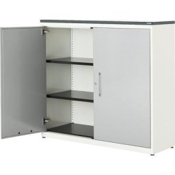 mauser Armoire à portes battantes, h x l 1180 x 1200 mm, plateau en plastique, 2 tablettes, blanc pur / aluminium / blanc
