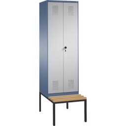 C+P Penderie EVOLO à portes fermant l'une contre l'autre, avec banc, 2 compartiments, largeur compartiments 300 mm, bleu distant / aluminium