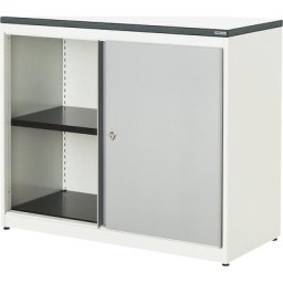 mauser Armoire à portes coulissantes, h x l x p 830 x 1000 x 432 mm, plateau en plastique, 1 tablette, blanc pur / aluminium / blanc