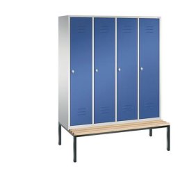 C+P Vestiaire CLASSIC avec banc monté en dessous, 4 compartiments, largeur compartiments 400 mm, gris clair / bleu gentiane