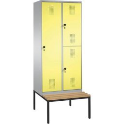 C+P Armoire combinée EVOLO, à un ou deux étages, avec banc, 2 compartiments, 3 portes, largeur compartiments 400 mm, aluminium / jaune soufre