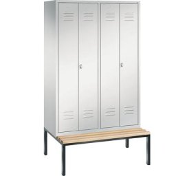 C+P Penderie CLASSIC avec banc inférieur et portes fermant l'une contre l'autre, 4 compartiments, largeur compartiments 300 mm, gris clair