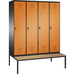 C+P Penderie EVOLO avec banc, 4 compartiments, largeur compartiments 400 mm, gris noir / orange jaune