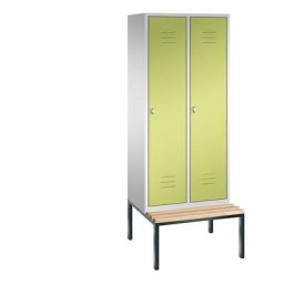 C+P Vestiaire CLASSIC avec banc monté en dessous, 2 compartiments, largeur compartiments 400 mm, gris clair / vert viridin