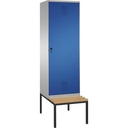 C+P Penderie EVOLO avec banc, porte au-dessus de 2 compartiments, 2 compartiments, 1 porte, largeur compartiments 300 mm, aluminium / bleu gentiane