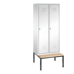 C+P Vestiaire CLASSIC avec banc monté en dessous, 2 compartiments, largeur compartiments 400 mm, blanc trafic