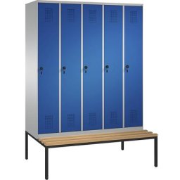 C+P Penderie EVOLO avec banc, 5 compartiments, largeur compartiments 300 mm, aluminium / bleu gentiane