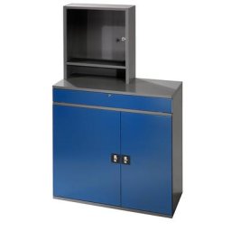 RAU Poste multi-usages, compartiment pour écran, 1 tablette coulissante, 2 tiroirs, largeur 1100 mm, anthracite / bleu gentiane