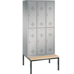 C+P Penderie CLASSIC avec banc inférieur, à deux étages, 3 compartiments, 2 casiers chacun, largeur compartiments 300 mm, aluminium