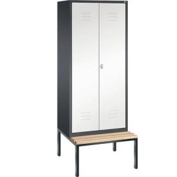 C+P Penderie CLASSIC avec banc inférieur et portes fermant l'une contre l'autre, 2 compartiments, largeur compartiments 400 mm, gris noir / blanc trafic