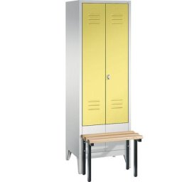 C+P Penderie CLASSIC avec banc frontal et portes fermant l'une contre l'autre, 2 compartiments, largeur compartiments 300 mm, gris clair / jaune soufre