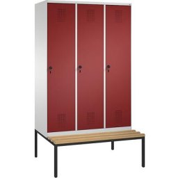 C+P Penderie EVOLO avec banc, 3 compartiments, largeur compartiments 400 mm, gris clair / rouge rubis