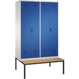 C+P Penderie EVOLO à portes fermant l'une contre l'autre, avec banc, 4 compartiments, largeur compartiments 300 mm, gris clair / bleu gentiane