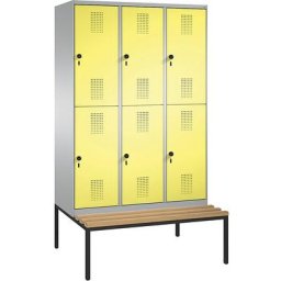 C+P Penderie EVOLO à deux étages, avec banc, 3 compartiments, 2 casiers chacun, largeur compartiments 400 mm, aluminium / jaune soufre