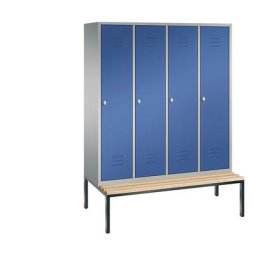 C+P Vestiaire CLASSIC avec banc monté en dessous, 4 compartiments, largeur compartiments 400 mm, aluminium / bleu gentiane