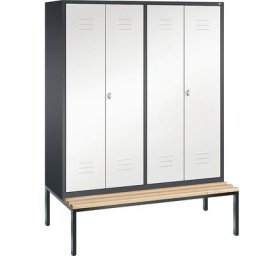 C+P Penderie CLASSIC avec banc inférieur et portes fermant l'une contre l'autre, 4 compartiments, largeur compartiments 400 mm, gris noir / blanc trafic
