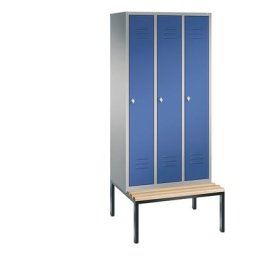 C+P Vestiaire CLASSIC avec banc monté en dessous, 3 compartiments, largeur compartiments 300 mm, aluminium / bleu gentiane