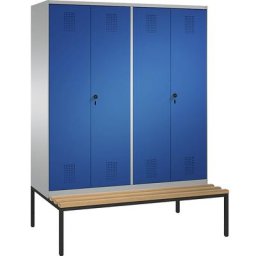 C+P Penderie EVOLO à portes fermant l'une contre l'autre, avec banc, 4 compartiments, largeur compartiments 400 mm, aluminium / bleu gentiane