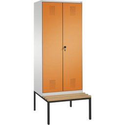 C+P Penderie EVOLO à portes fermant l'une contre l'autre, avec banc, 2 compartiments, largeur compartiments 400 mm, gris clair / orange jaune