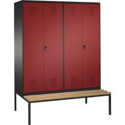 C+P Penderie EVOLO à portes fermant l'une contre l'autre, avec banc, 4 compartiments, largeur compartiments 400 mm, gris noir / rouge rubis