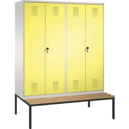 C+P Penderie EVOLO à portes fermant l'une contre l'autre, avec banc, 4 compartiments, largeur compartiments 400 mm, gris clair / jaune soufre