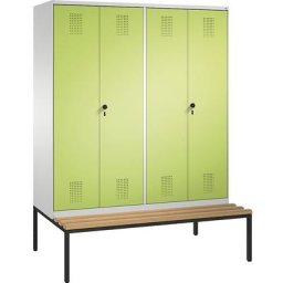 C+P Penderie EVOLO à portes fermant l'une contre l'autre, avec banc, 4 compartiments, largeur compartiments 400 mm, gris clair / vert