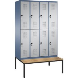 C+P Penderie EVOLO à deux étages, avec banc, 4 compartiments, 2 casiers chacun, largeur compartiments 300 mm, bleu distant / aluminium