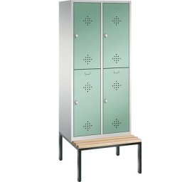 C+P Penderie CLASSIC avec banc inférieur, à deux étages, 2 compartiments, 2 casiers chacun, largeur compartiments 400 mm, gris clair / vert clair